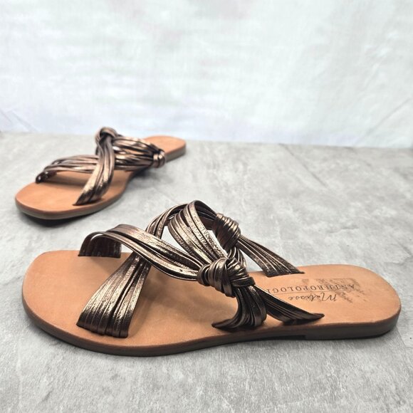 Anthropologie Matisse Slides Metallic Bronze Strappy Boho Chic Flat Greek Sandal - Picture 2 of 10